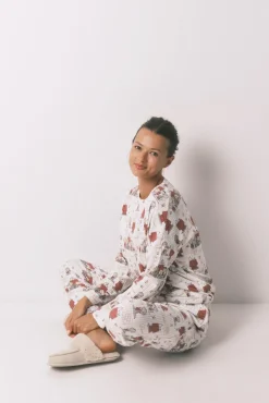 Women'secret Pijamas-Pijama longo em canelada extrassuave branco do Snoopy bege