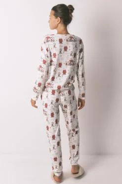 Women'secret Pijamas-Pijama longo em canelada extrassuave branco do Snoopy bege