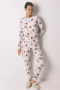 Women'secret Pijamas-Pijama longo em canelada extrassuave branco do Snoopy bege
