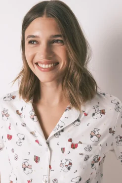 Women'secret Pijamas-Pijama longo estilo camisa 100% algodão Snoopy branco