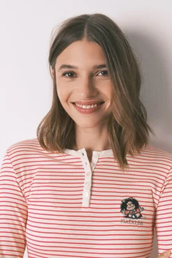 Women'secret Pijamas-Pijama longo malha extra macia listrado Mafalda vermelho