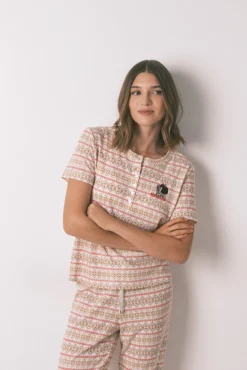 Women'secret Pijamas-Pijama longo textura waffle felpudo com faixas Mafalda bege