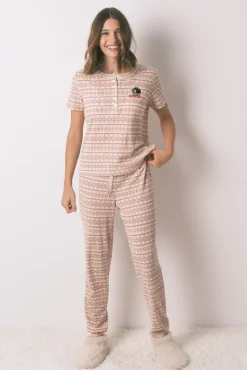 Women'secret Pijamas-Pijama longo textura waffle felpudo com faixas Mafalda bege
