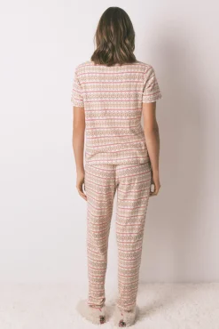 Women'secret Pijamas-Pijama longo textura waffle felpudo com faixas Mafalda bege