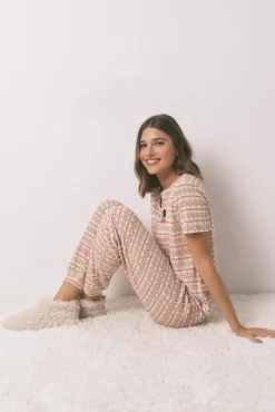 Women'secret Pijamas-Pijama longo textura waffle felpudo com faixas Mafalda bege