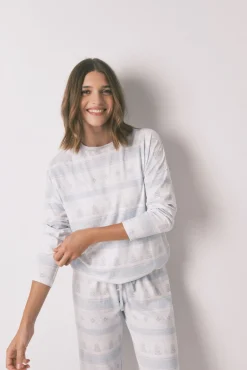 Women'secret Pijamas-Pijama pijama comprido de malha macia com bordas azuis azul