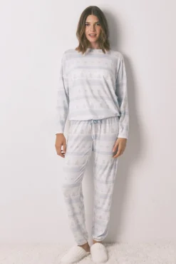 Women'secret Pijamas-Pijama pijama comprido de malha macia com bordas azuis azul