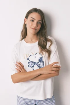 Women'secret Pijamas-Pijama pijama comprido de algodão Snoopy Vichy de manga manga bege