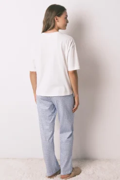 Women'secret Pijamas-Pijama pijama comprido de algodão Snoopy Vichy de manga manga bege