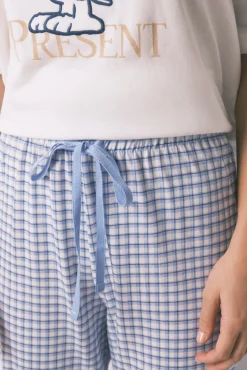 Women'secret Pijamas-Pijama pijama comprido de algodão Snoopy Vichy de manga manga bege