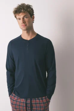 Women'secret Pijamas-Pijama xadrez masculino 100% algodão azul