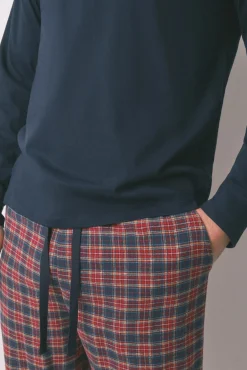 Women'secret Pijamas-Pijama xadrez masculino 100% algodão azul