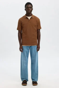 Selected Polos-Polo canelado de manga curta e corte regular Castanho