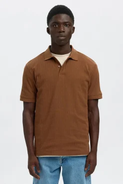 Selected Polos-Polo canelado de manga curta e corte regular Castanho