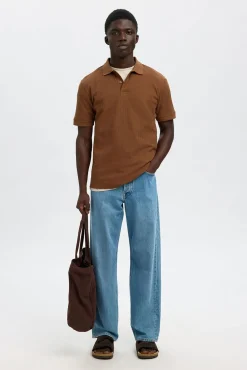 Selected Polos-Polo canelado de manga curta e corte regular Castanho