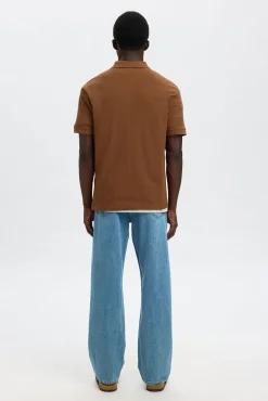 Selected Polos-Polo canelado de manga curta e corte regular Castanho