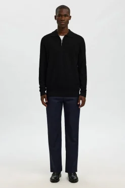 Selected Polos-Polo estruturada com meia fecho-éclair Preto