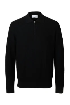 Selected Polos-Polo estruturada com meia fecho-éclair Preto