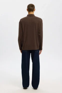 Selected Polos-Polo jacquard de manga manga 100% algodão orgânico Castanho