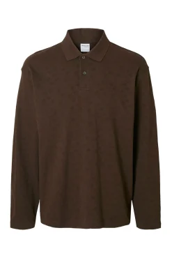 Selected Polos-Polo jacquard de manga manga 100% algodão orgânico Castanho