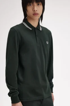 Fred Perry Polos-Polo piqué de manga comprida masculina Verde