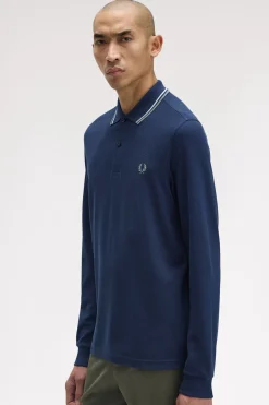 Fred Perry Polos-Polo piqué de manga comprida masculina Azul