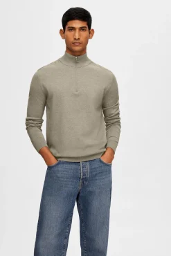 Selected Camisolas-Pulôver de malha com meio fecho de correr 100% algodão Verde