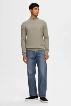 Selected Camisolas-Pulôver de malha com meio fecho de correr 100% algodão Verde