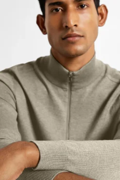 Selected Camisolas-Pulôver de malha com meio fecho de correr 100% algodão Verde