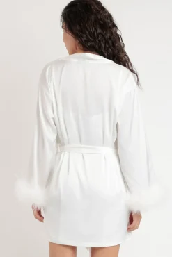 Admas Roupões-Robe curta acetinada penas marabu noiva branco