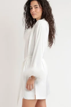 Admas Roupões-Robe curta acetinada penas marabu noiva branco