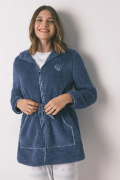 Women'secret Roupões-Robe midi com capuz em polar lurex azul