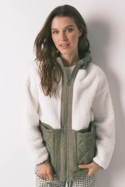 Women'secret Roupões-Robe midi de borrego em bloco verde bege