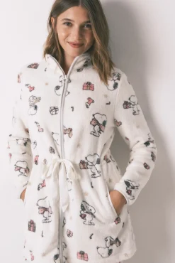 Women'secret Roupões-Robe polar curto branco com estampado do Snoopy bege