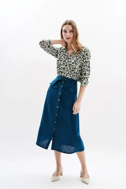 Caroll Saias-Saia comprida com botões 100% linho Azul