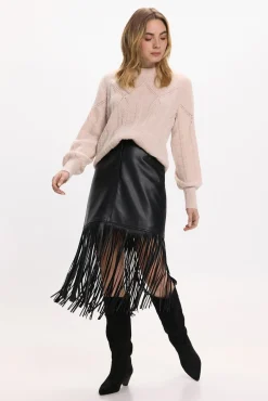 Vila Saias-Saia de couro sintético com franjas Preto
