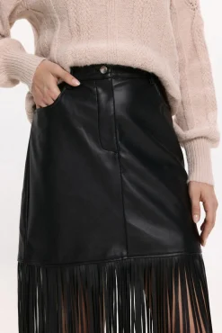 Vila Saias-Saia de couro sintético com franjas Preto
