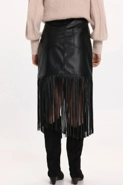 Vila Saias-Saia de couro sintético com franjas Preto