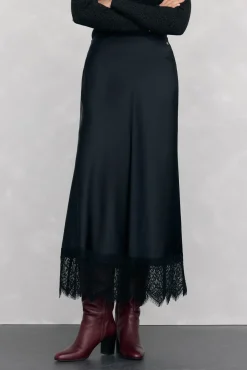 Pedro del Hierro Saias-Saia longa de cetim com detalhe de renda Preto