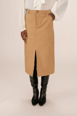 Grace & Mila Saias-Saia longa midi em camurça sintética, com fenda frontal Tostado