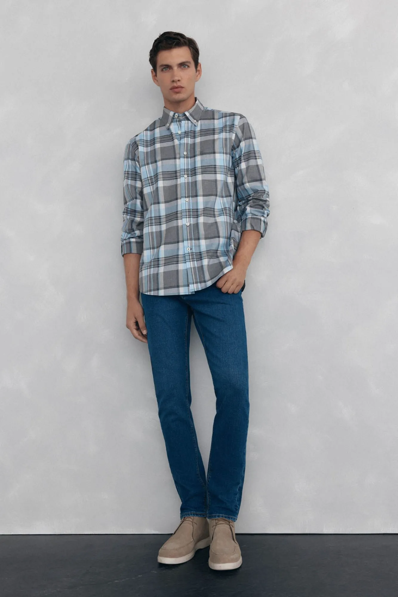 Pedro del Hierro Camisas-Sarja xadrez suave Cizento