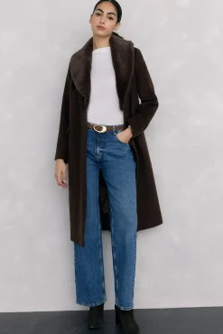 Pedro del Hierro Casacos-Sobretudo com gola de pele Marrom