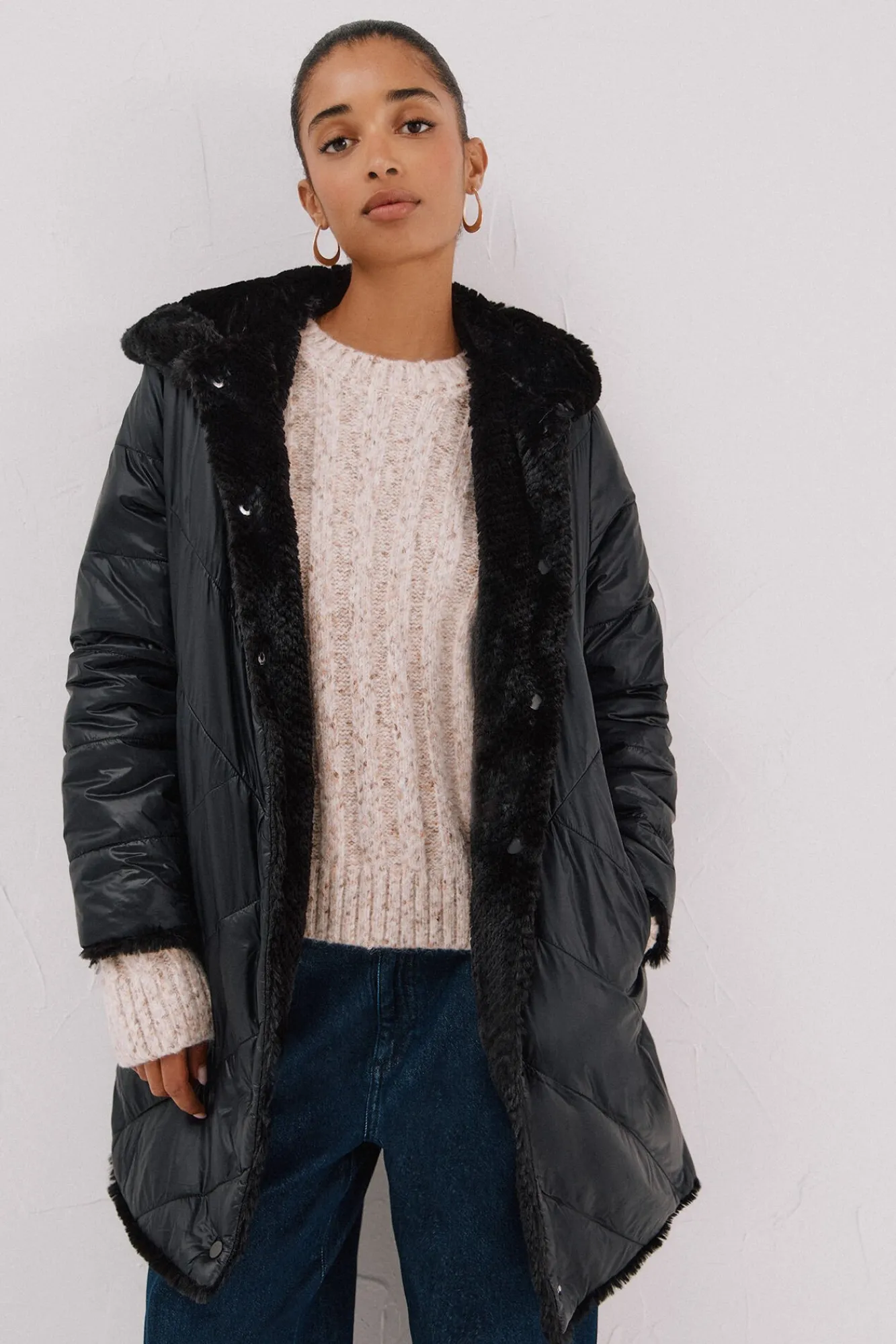 Cortefiel Casacos|Acolchoados E Agasalhos-Sobretudo comprido reversível efeito pelo Preto