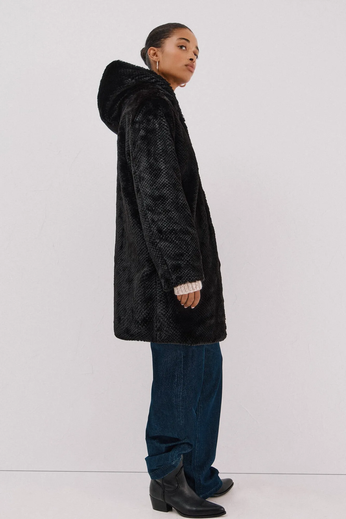 Cortefiel Casacos|Acolchoados E Agasalhos-Sobretudo comprido reversível efeito pelo Preto