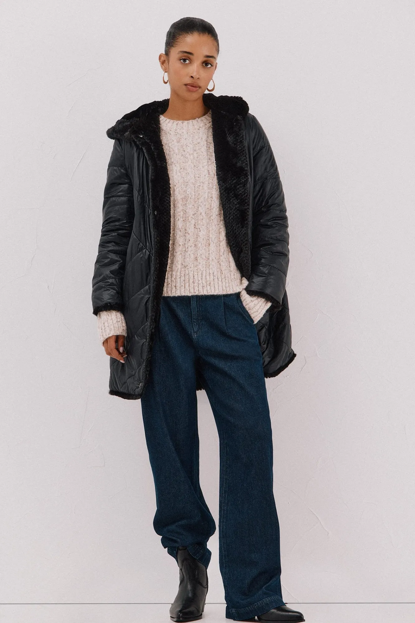 Cortefiel Casacos|Acolchoados E Agasalhos-Sobretudo comprido reversível efeito pelo Preto