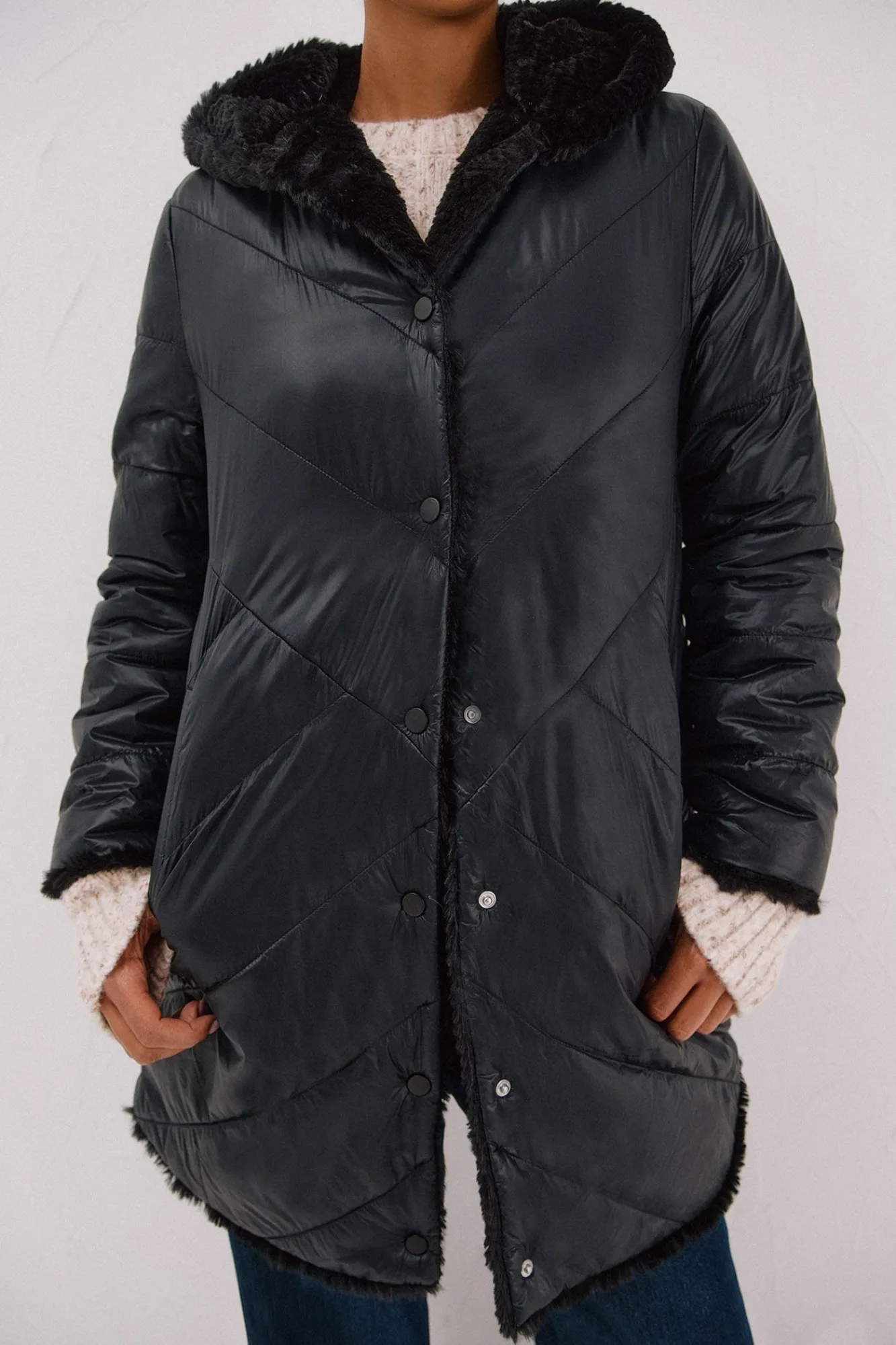 Cortefiel Casacos|Acolchoados E Agasalhos-Sobretudo comprido reversível efeito pelo Preto