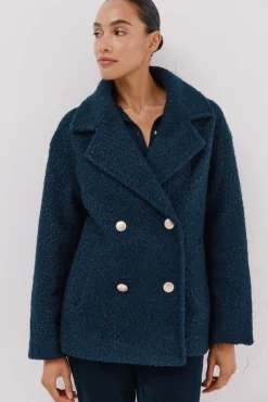 Cortefiel Casacos-Sobretudo curto de tecido macia Azul