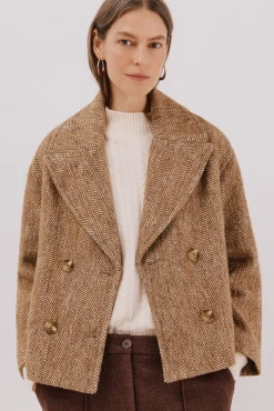 Cortefiel Casacos-Sobretudo curto tecido Castanho