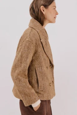 Cortefiel Casacos-Sobretudo curto tecido Castanho