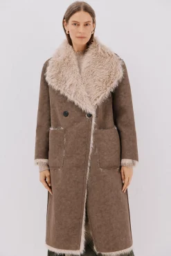 Cortefiel Casacos-Sobretudo de pele longo reversível Castanho